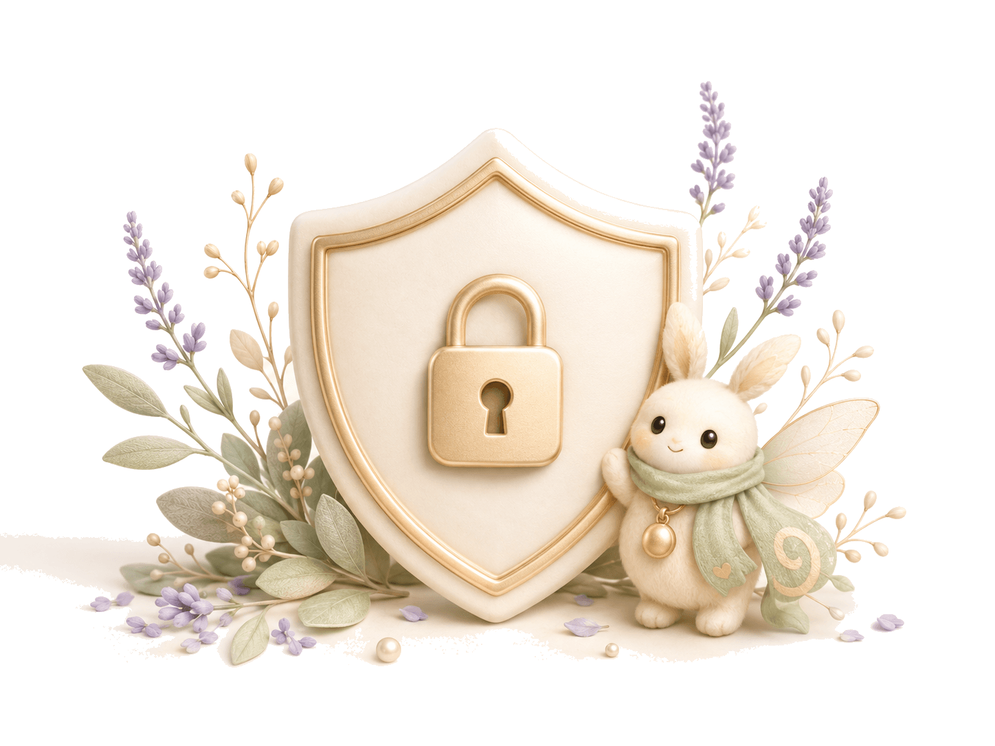 Kee mascot standing beside a shield and lock with lavender and sage botanicals.